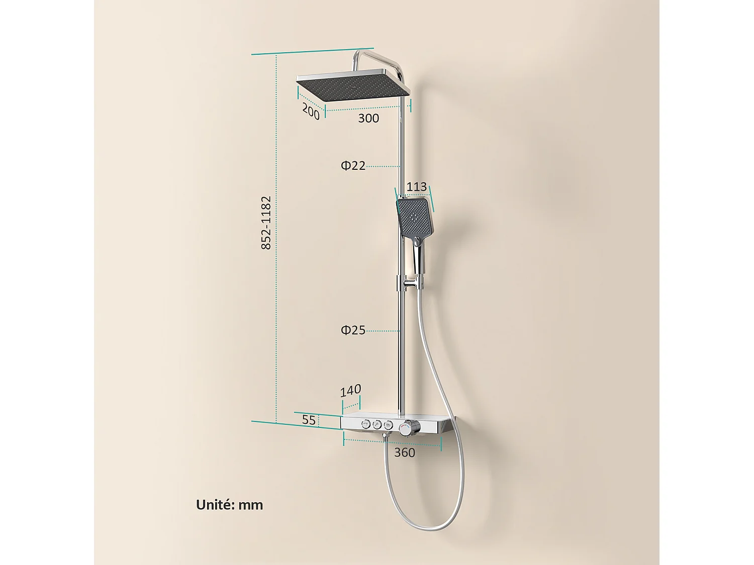EMKE Colonne de douche Thermostat, 36 x 14 cm étagères en verre, 3 types de jets, douche à effet pluie, Certification KTW, Chrome