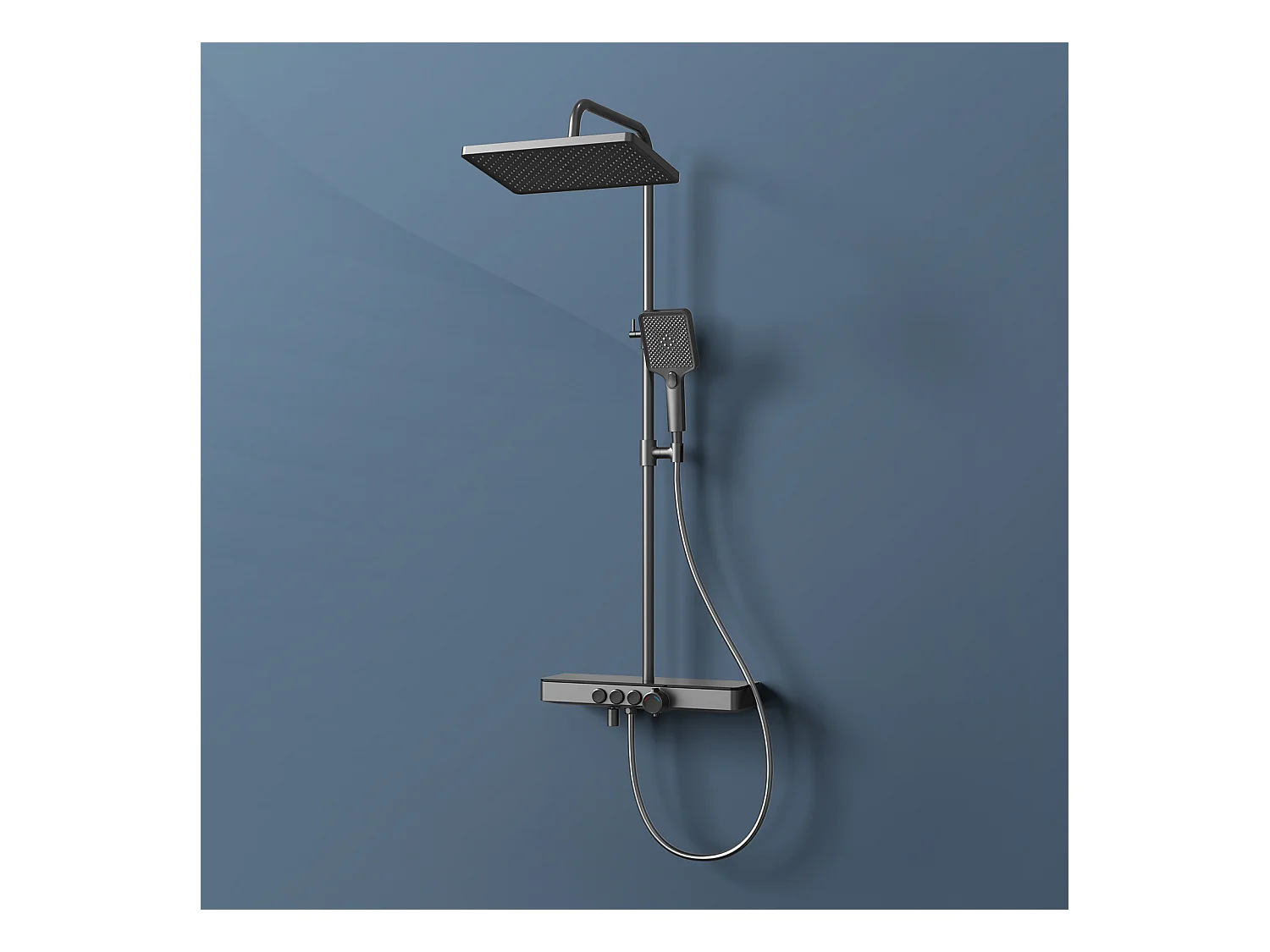 EMKE Colonne de douche Thermostat, 45 x 13 cm étagères en verre, 3 types de jets, douche à effet pluie, Certification KTW, Gris métal