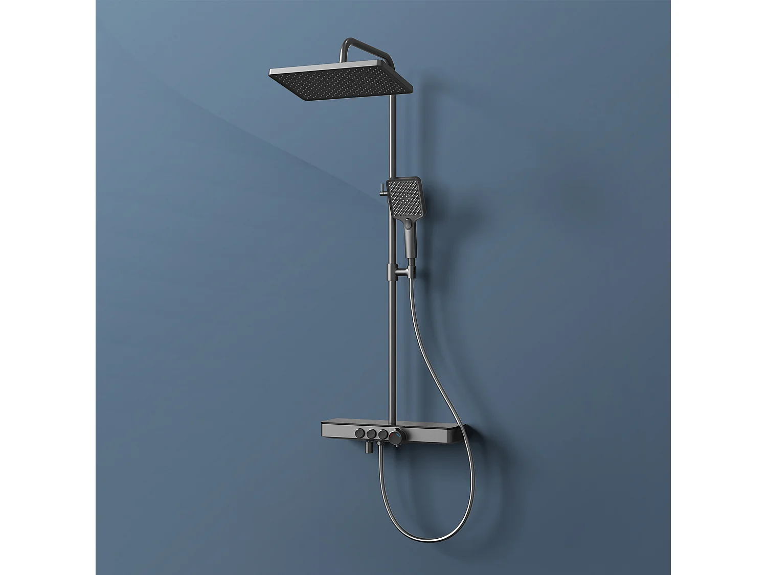 EMKE Colonna doccia Thermostat, ripiani in vetro 45 x 13 cm, 3 tipi di getti, doccia a pioggia, certificazione KTW, grigio metallo