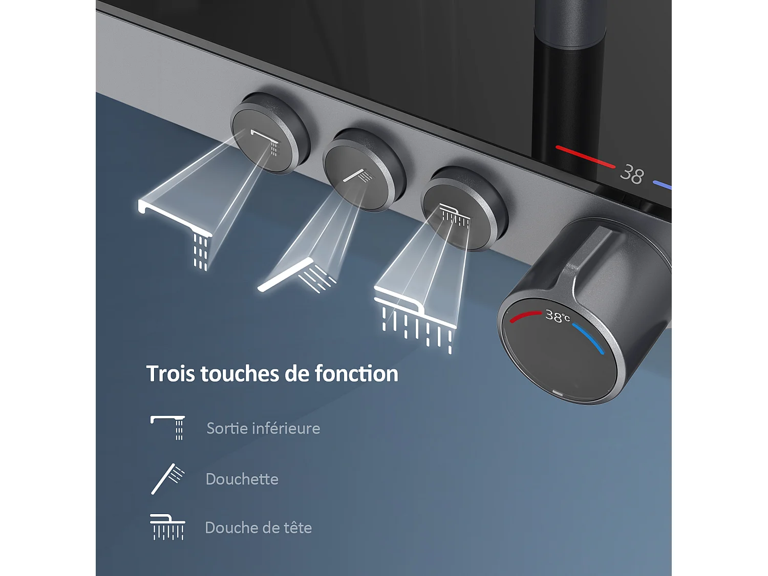 EMKE Colonna doccia Thermostat, ripiani in vetro 45 x 13 cm, 3 tipi di getti, doccia a pioggia, certificazione KTW, grigio metallo