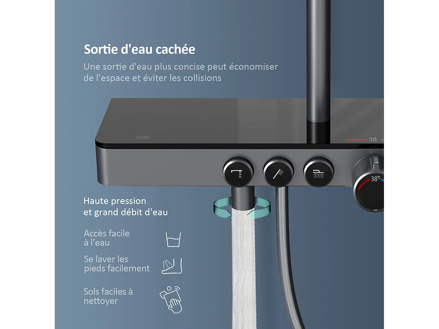 EMKE Colonna doccia Thermostat, ripiani in vetro 45 x 13 cm, 3 tipi di getti, doccia a pioggia, certificazione KTW, grigio metallo