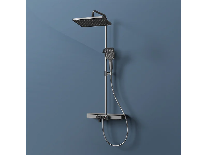 EMKE Thermostat-Duschsäule, 45 x 13 cm Glasregale, 3 Strahlarten, Regendusche, KTW-Zertifizierung, Metallgrau