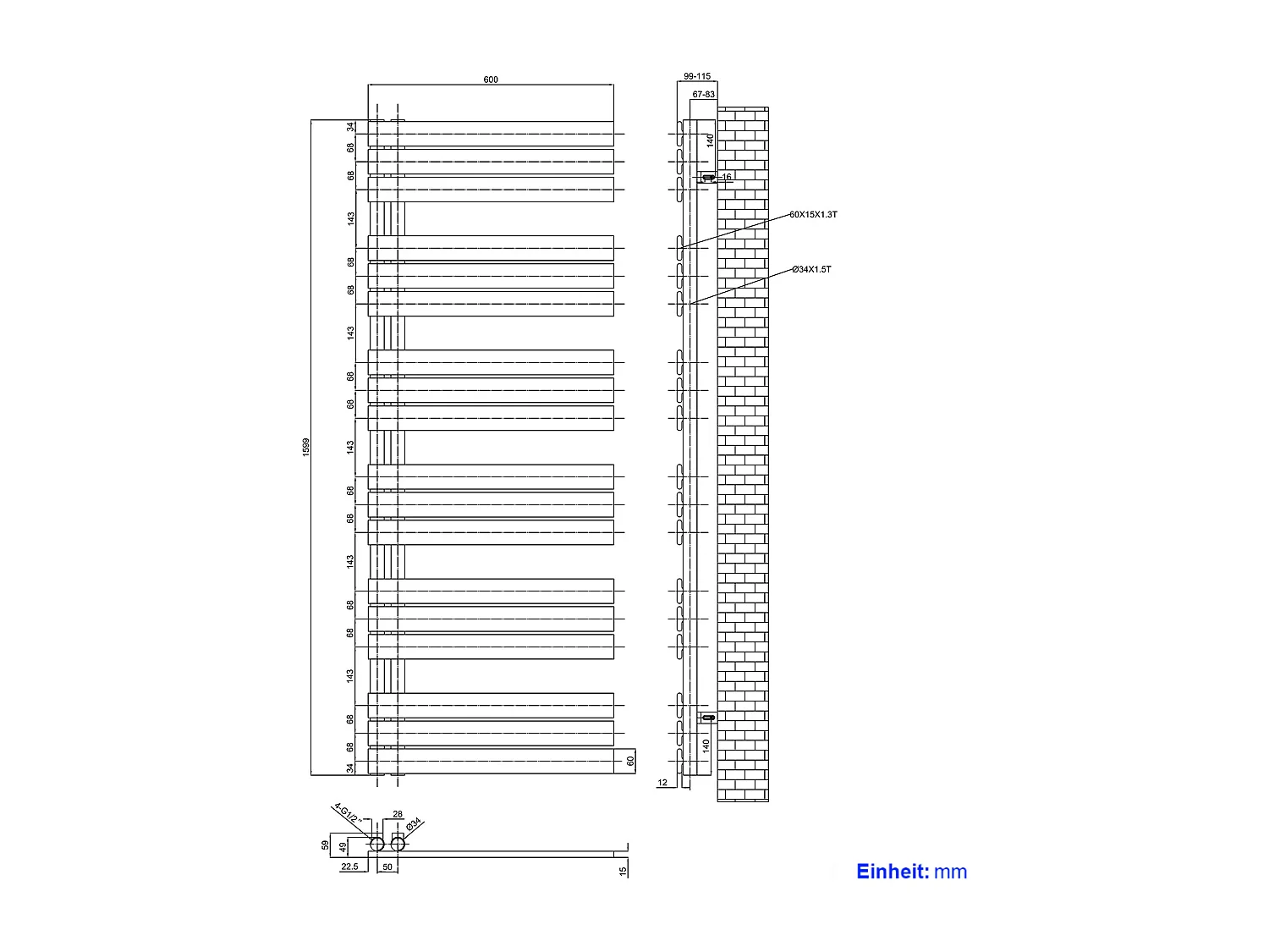 EMKE Sèche-serviettes à Eau Chaude Panneau Plat, Sèche-serviettes connexion latérale pour, Anthracite 1599x600mm 958Watts