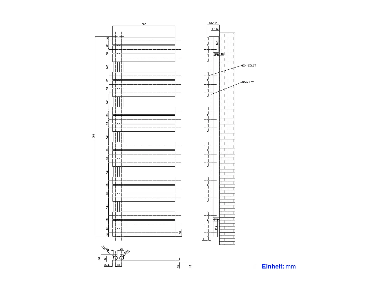 EMKE Sèche-serviettes à Eau Chaude Panneau Plat, Sèche-serviettes connexion latérale pour, Anthracite 1599x500mm 794Watts