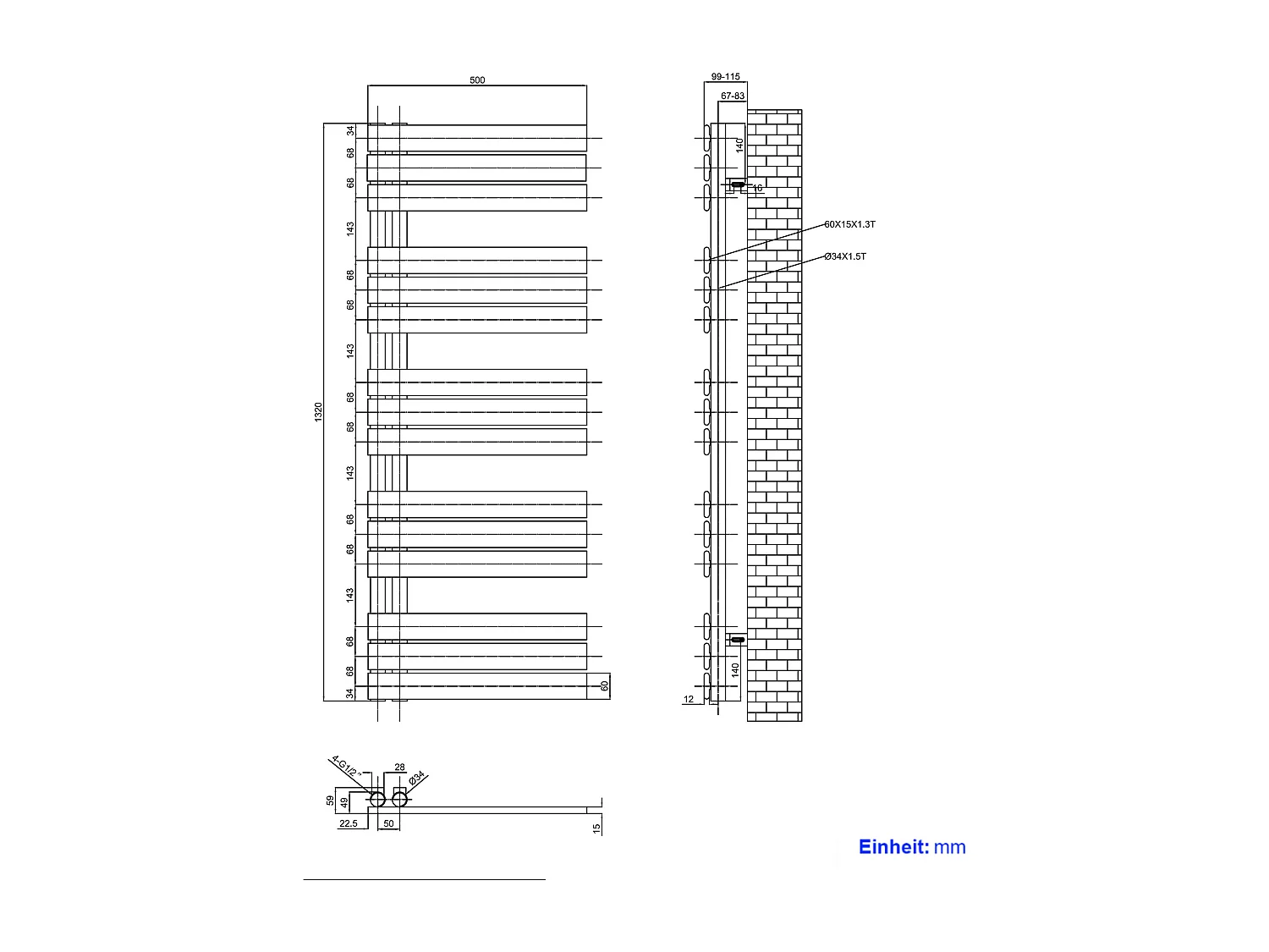EMKE Sèche-serviettes à Eau Chaude Panneau Plat, Sèche-serviettes connexion latérale pour, Anthracite 1320x500mm 661Watts