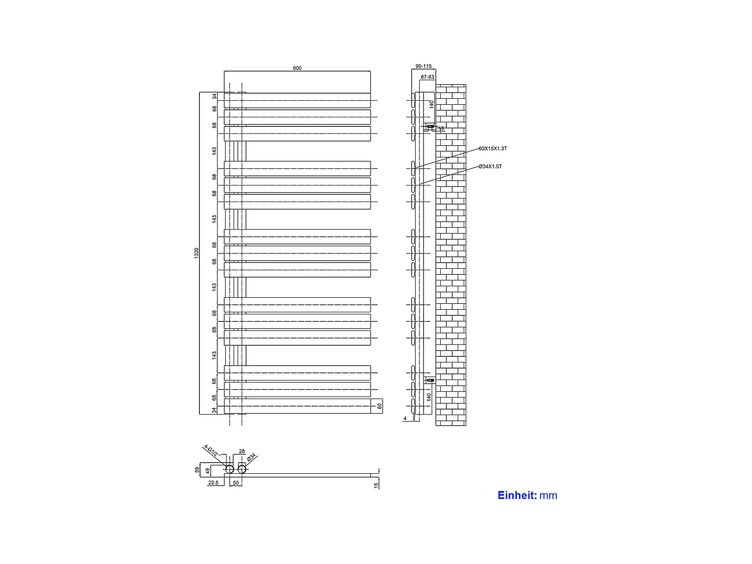 EMKE Asciugatore ad acqua calda a pannello piatto, connessione laterale per asciugamani, antracite 1320x600mm 798Watts