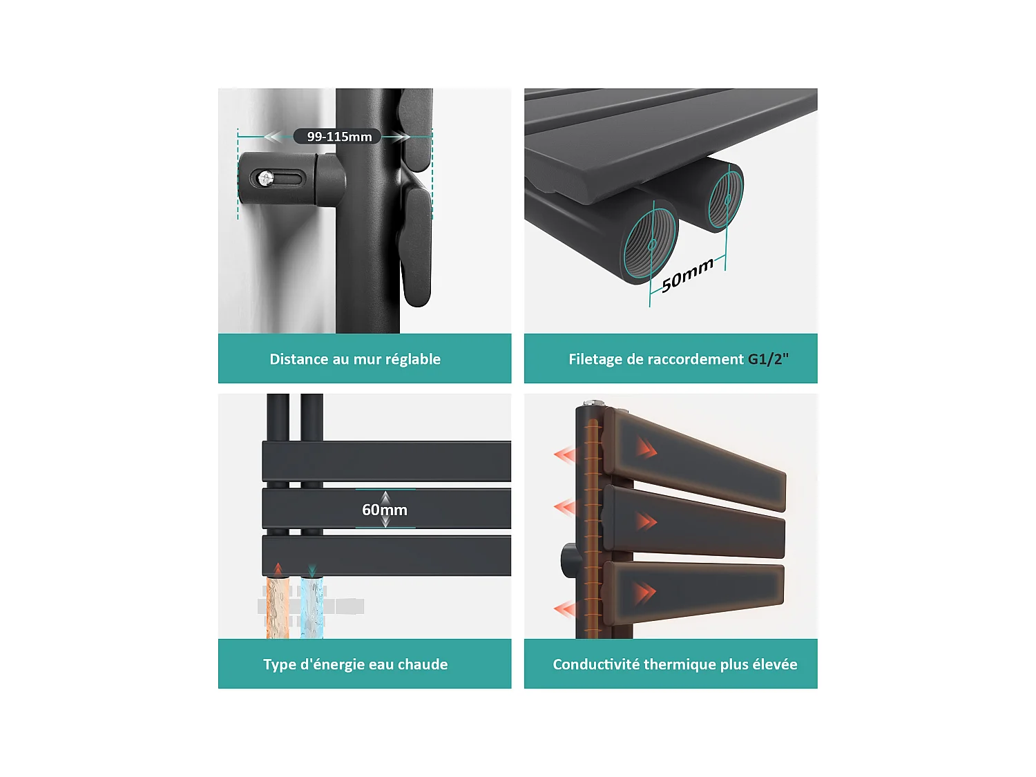 EMKE Asciugatore ad acqua calda a pannello piatto, connessione laterale per asciugamani, antracite 1320x600mm 798Watts
