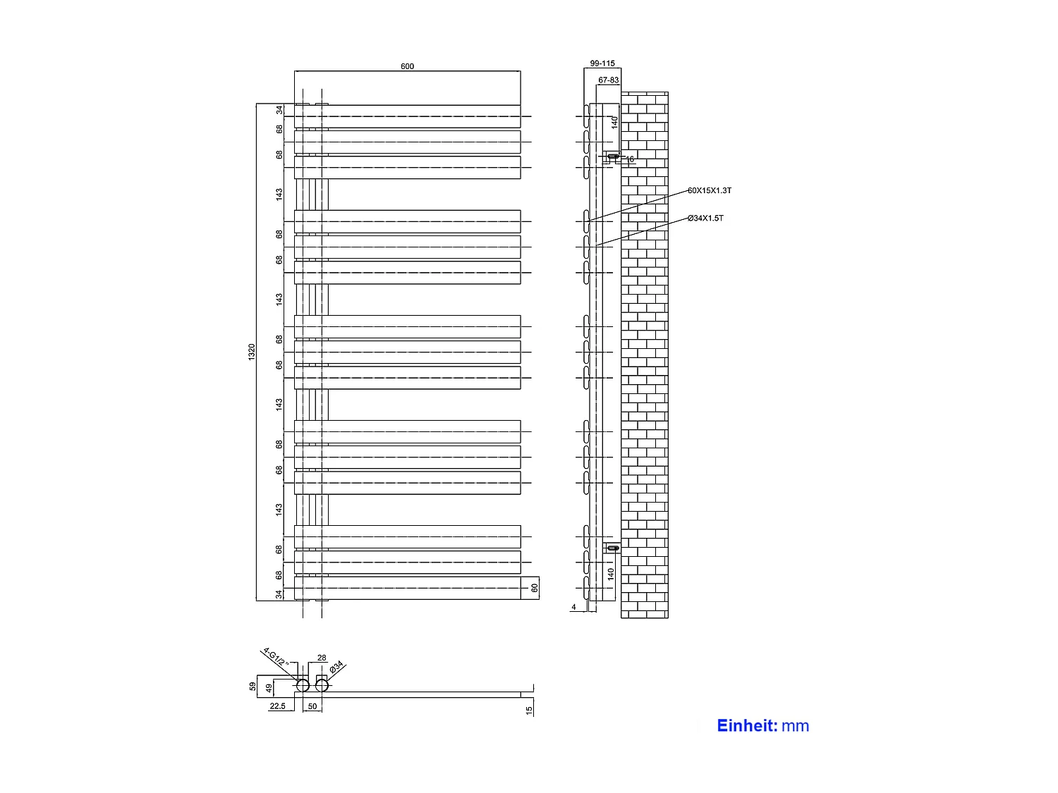 EMKE Sèche-serviettes à Eau Chaude Panneau Plat, Sèche-serviettes connexion latérale pour, Anthracite 1320x600mm 798Watts