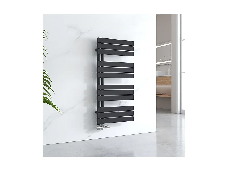 EMKE Sèche-serviettes à Eau Chaude Panneau Plat, Sèche-serviettes connexion latérale pour, Noir 1041x500mm 529Watts