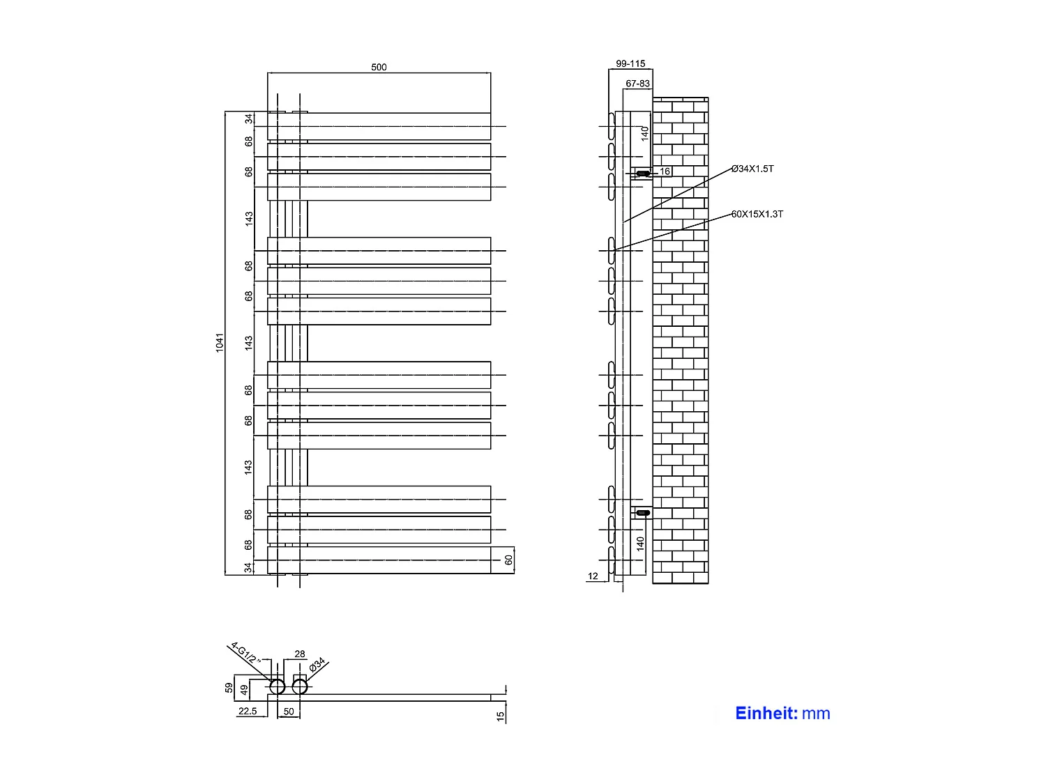 EMKE Sèche-serviettes à Eau Chaude Panneau Plat, Sèche-serviettes connexion latérale pour, Noir 1041x500mm 529Watts