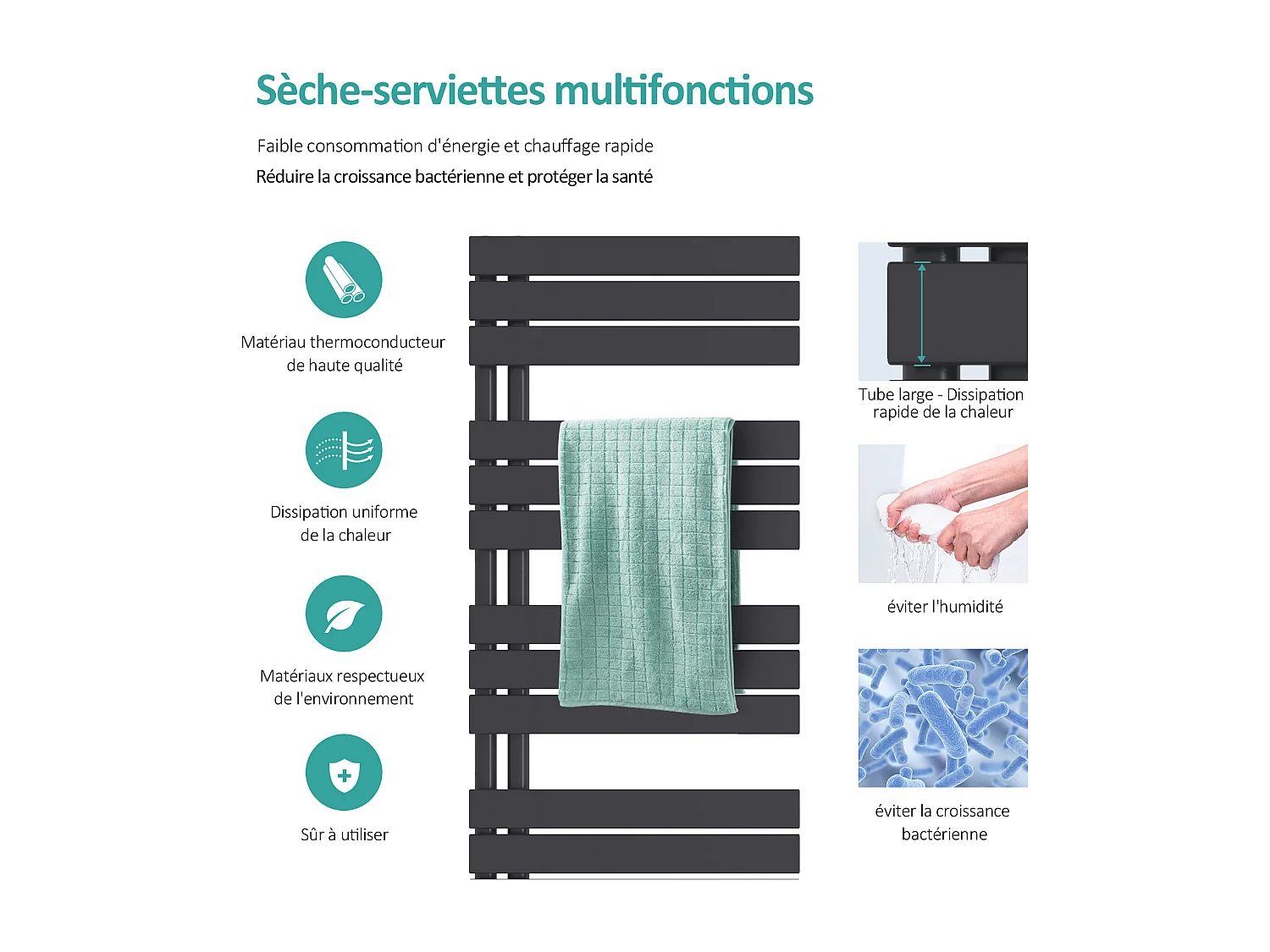 EMKE Sèche-serviettes à Eau Chaude Panneau Plat, Sèche-serviettes connexion latérale pour, Noir 1041x500mm 529Watts