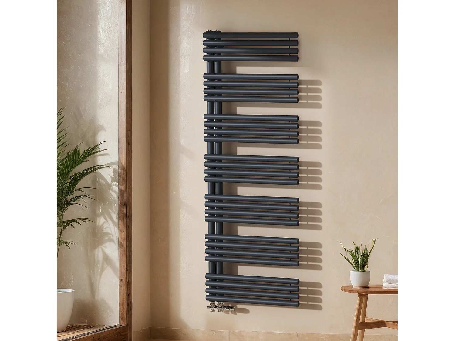 EMKE Sèche Serviettes à Eau Chaude pour Salle de Bain, 1660 x 600 mm, Tuyaux Ronds Porte-Serviettes, Chauffe-Serviettes, Anthracite 1075W