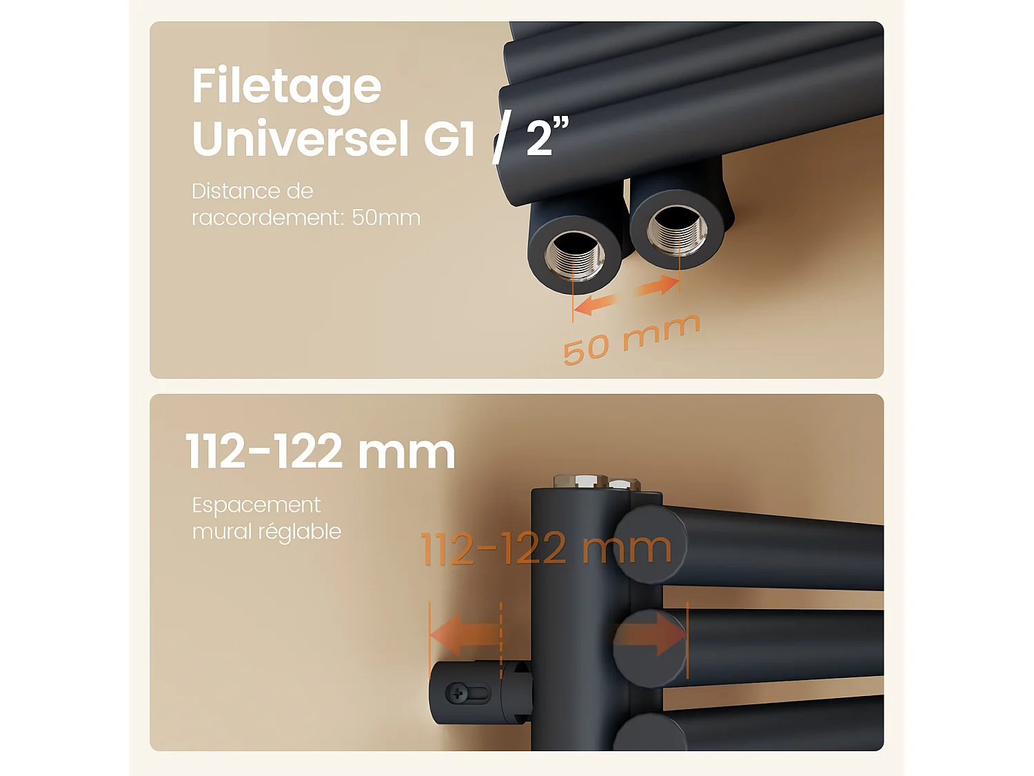 EMKE Badheizkörper 1660 x 600 mm, Runde Rohre Handtuchheizkörper Seitenanschluss Handtuchwärmer Handtuchtrockner Anthrazit 1075W