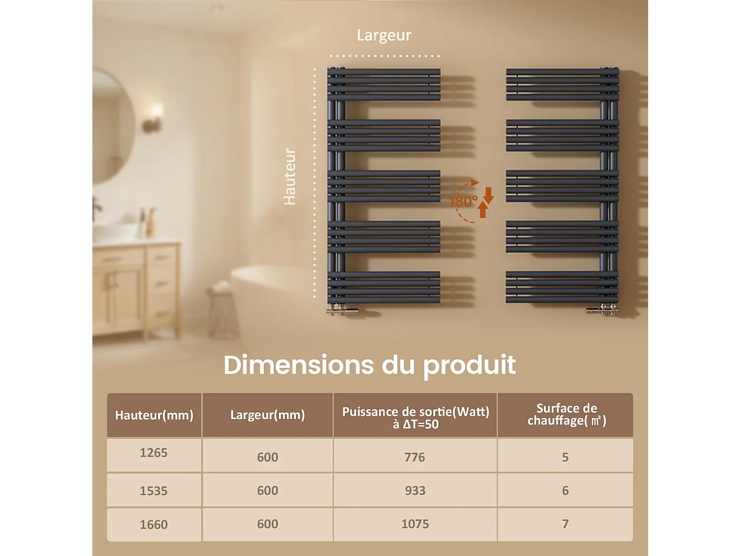 EMKE Badheizkörper 1660 x 600 mm, Runde Rohre Handtuchheizkörper Seitenanschluss Handtuchwärmer Handtuchtrockner Anthrazit 1075W