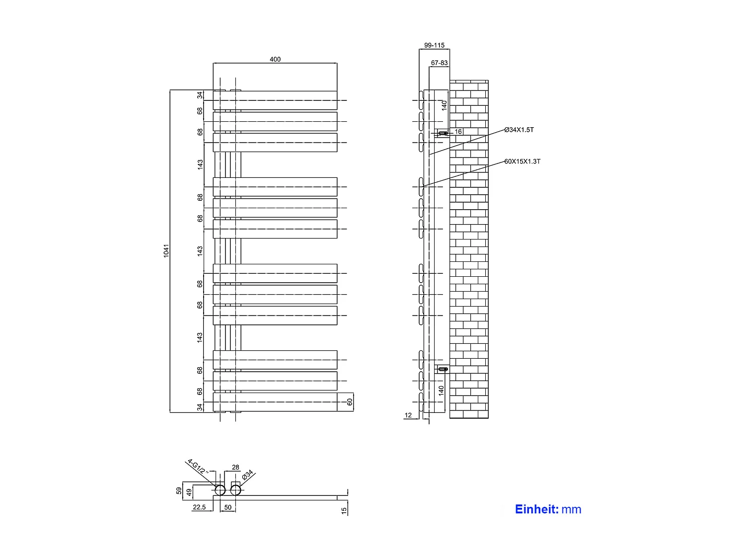 EMKE Sèche-serviettes à Eau Chaude Panneau Plat, Sèche-serviettes connexion latérale pour, Blanc 1041 x 400mm 456 Watts