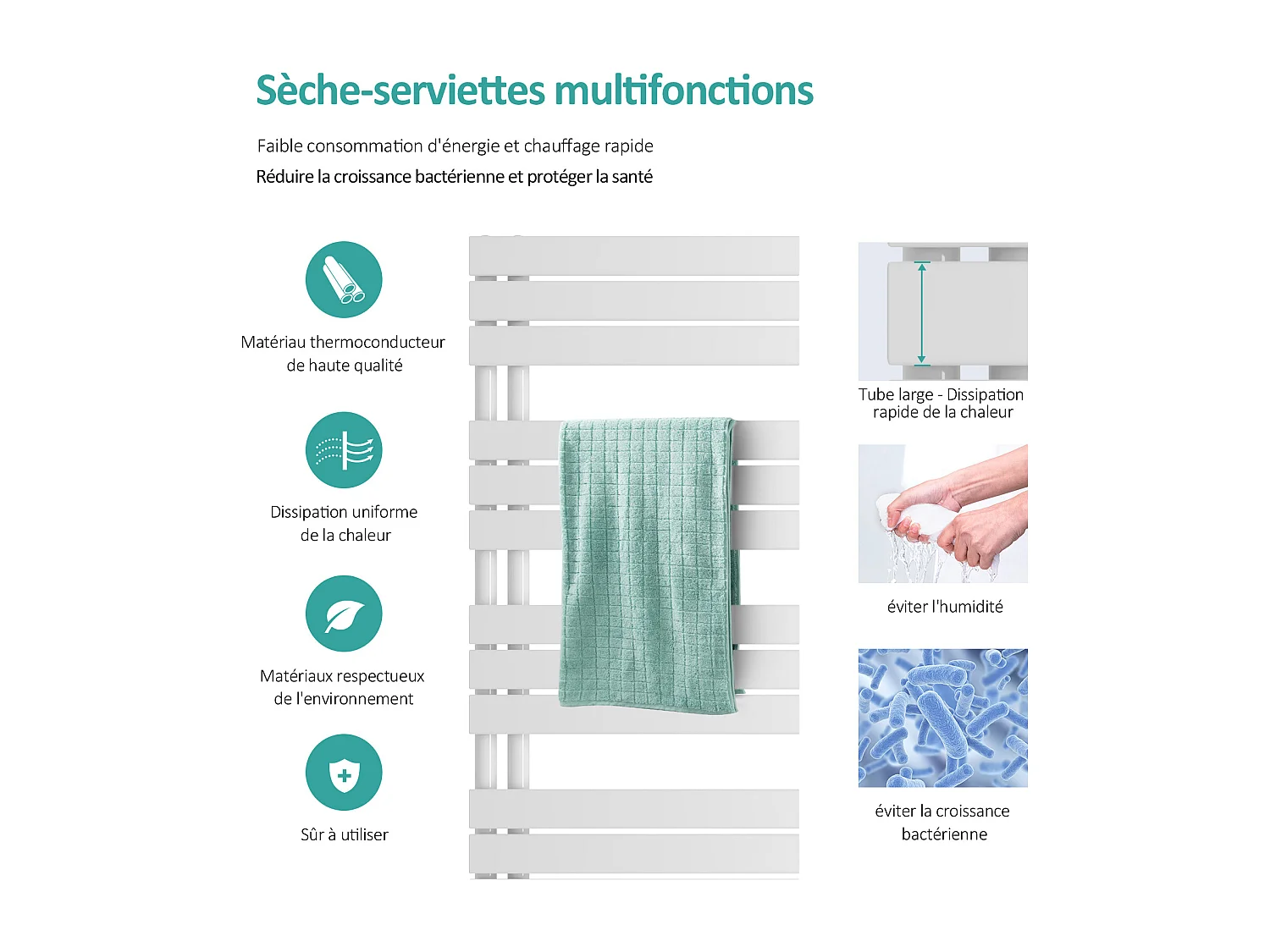 EMKE Handdoekradiator met Warmwater, Platte Paneel, Zijverbinding, Wit, 1041 x 400 mm, 456 Watt