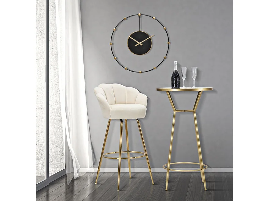 Tabouret de Bar en Velours Crème et Métal Doré - 55x53x110 cm, Design Élégant et Floral