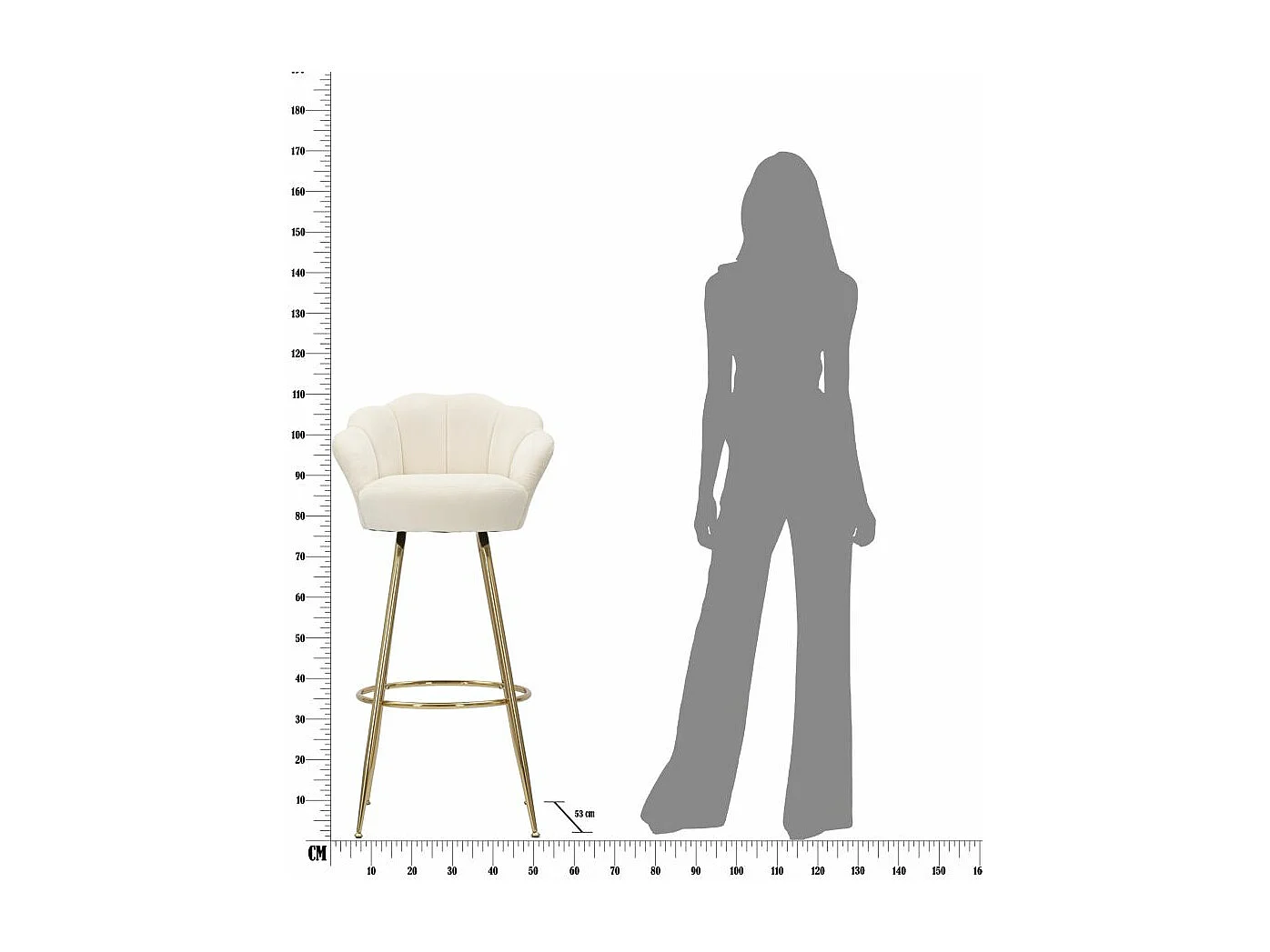 Tabouret de Bar en Velours Crème et Métal Doré - 55x53x110 cm, Design Élégant et Floral