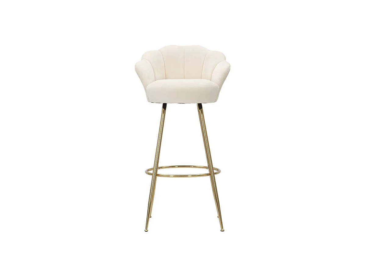 Tabouret de Bar en Velours Crème et Métal Doré - 55x53x110 cm, Design Élégant et Floral