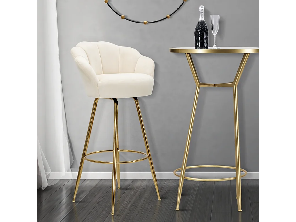 Tabouret de Bar en Velours Crème et Métal Doré - 55x53x110 cm, Design Élégant et Floral
