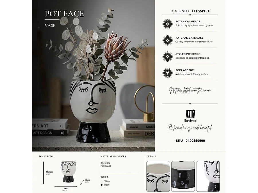Vase Pot Visage en Porcelaine "Face" 18cm Blanc & Noir