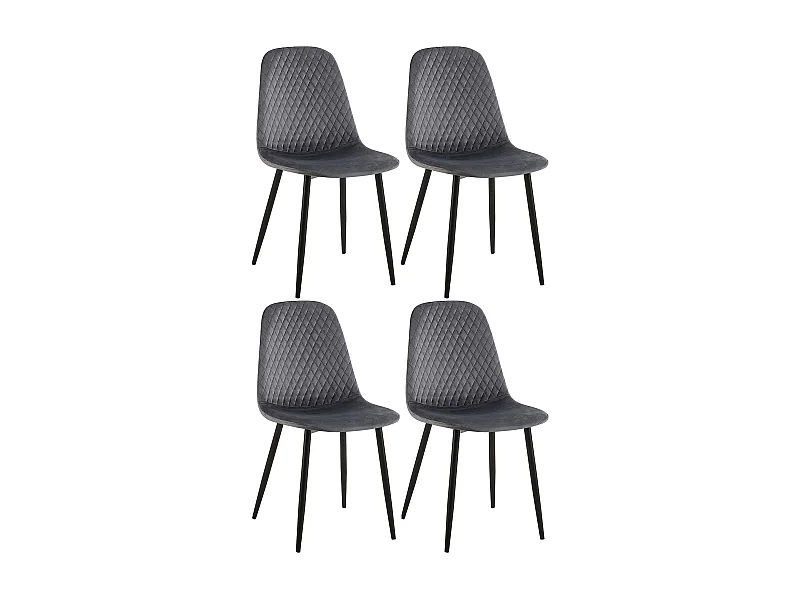 Lot de 4 chaises de salle à manger coutures décoratives losanges assise en velours gris foncé pieds métal noir mat 10_0001884