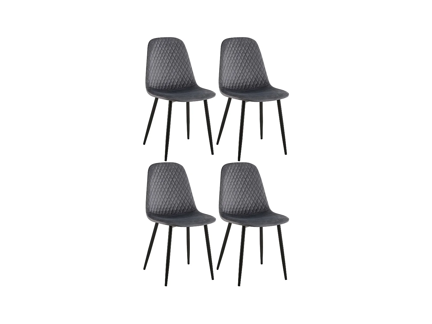 Lot de 4 chaises de salle à manger coutures décoratives losanges assise en velours gris foncé pieds métal noir mat 10_0001884