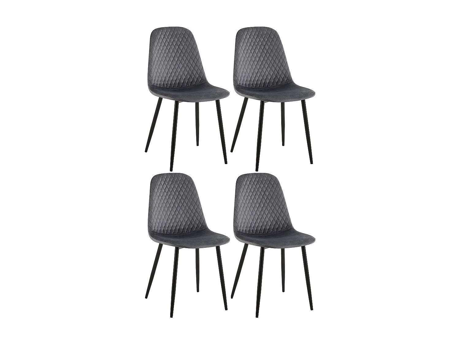 Lot de 4 chaises de salle à manger coutures décoratives losanges assise en velours gris foncé pieds métal noir mat 10_0001884