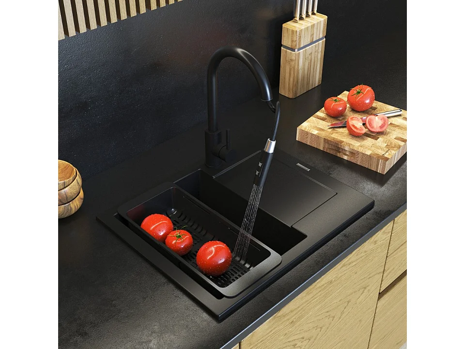 Évier Granit BELLO Noir Monocuve avec Siphon