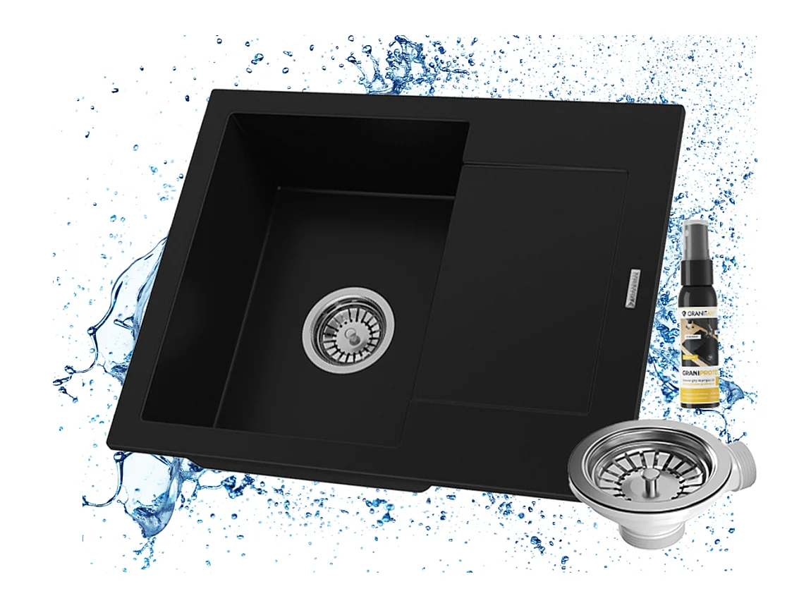 Évier Granit BELLO Noir Monocuve avec Siphon