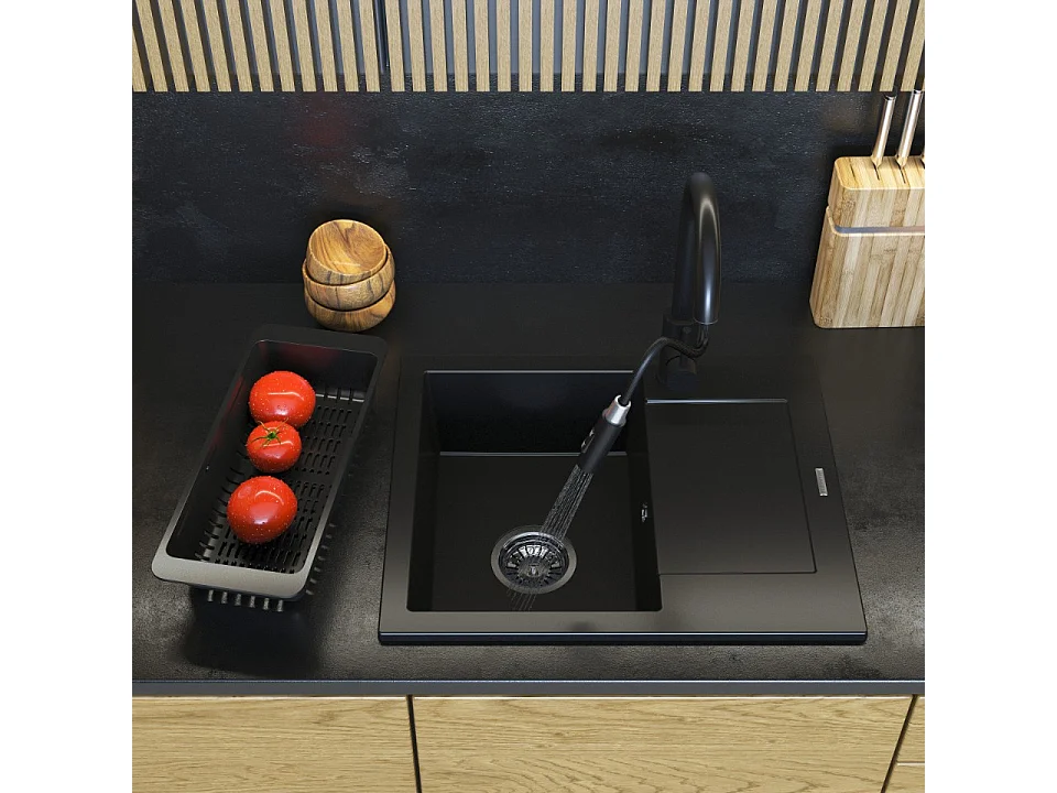 Évier Granit BELLO Noir Monocuve avec Siphon