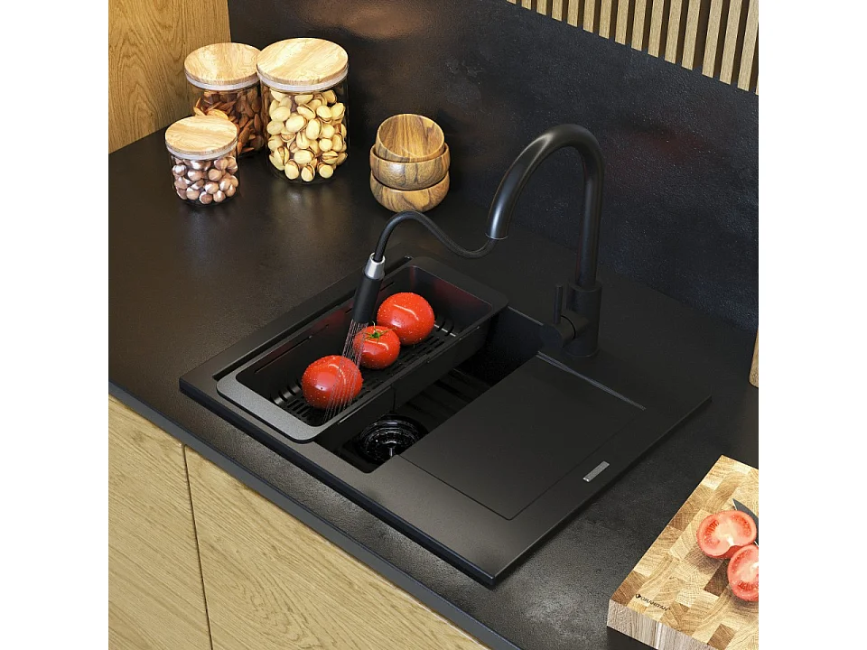 Évier Granit BELLO Noir Monocuve avec Siphon