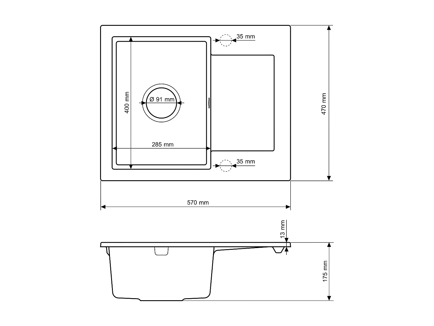 Évier Granit BELLO Noir Monocuve avec Siphon