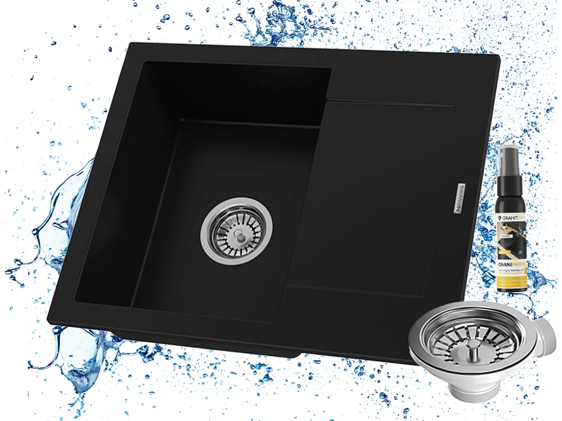 Évier Granit BELLO Noir Monocuve avec Siphon
