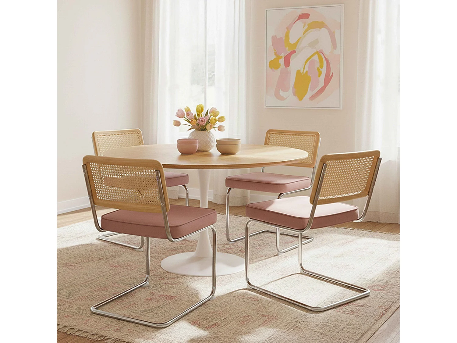 Set van 2 stalen en roze fluwelen stoelen