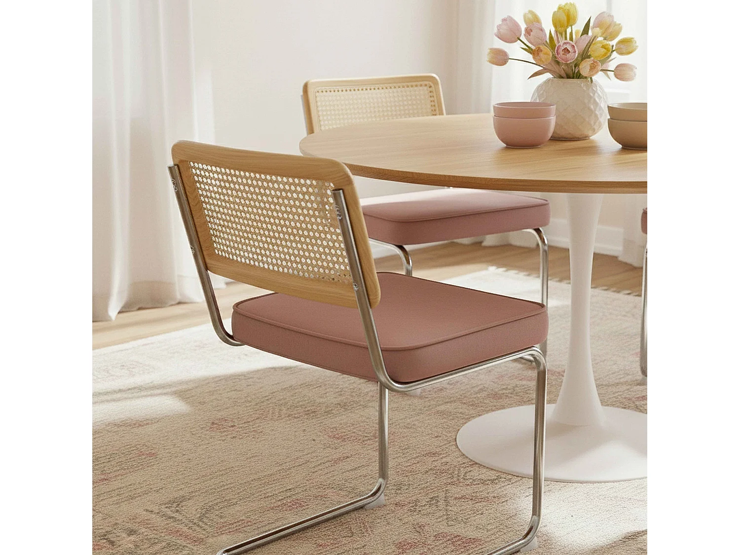 Set van 2 stalen en roze fluwelen stoelen