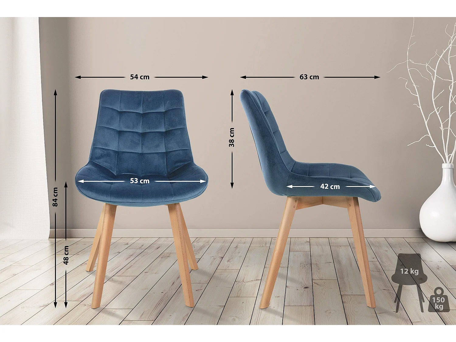 Lot de 2 chaises de salle à manger design scandinave coutures carrées en velours bleu pieds en bois clair 10_0001678