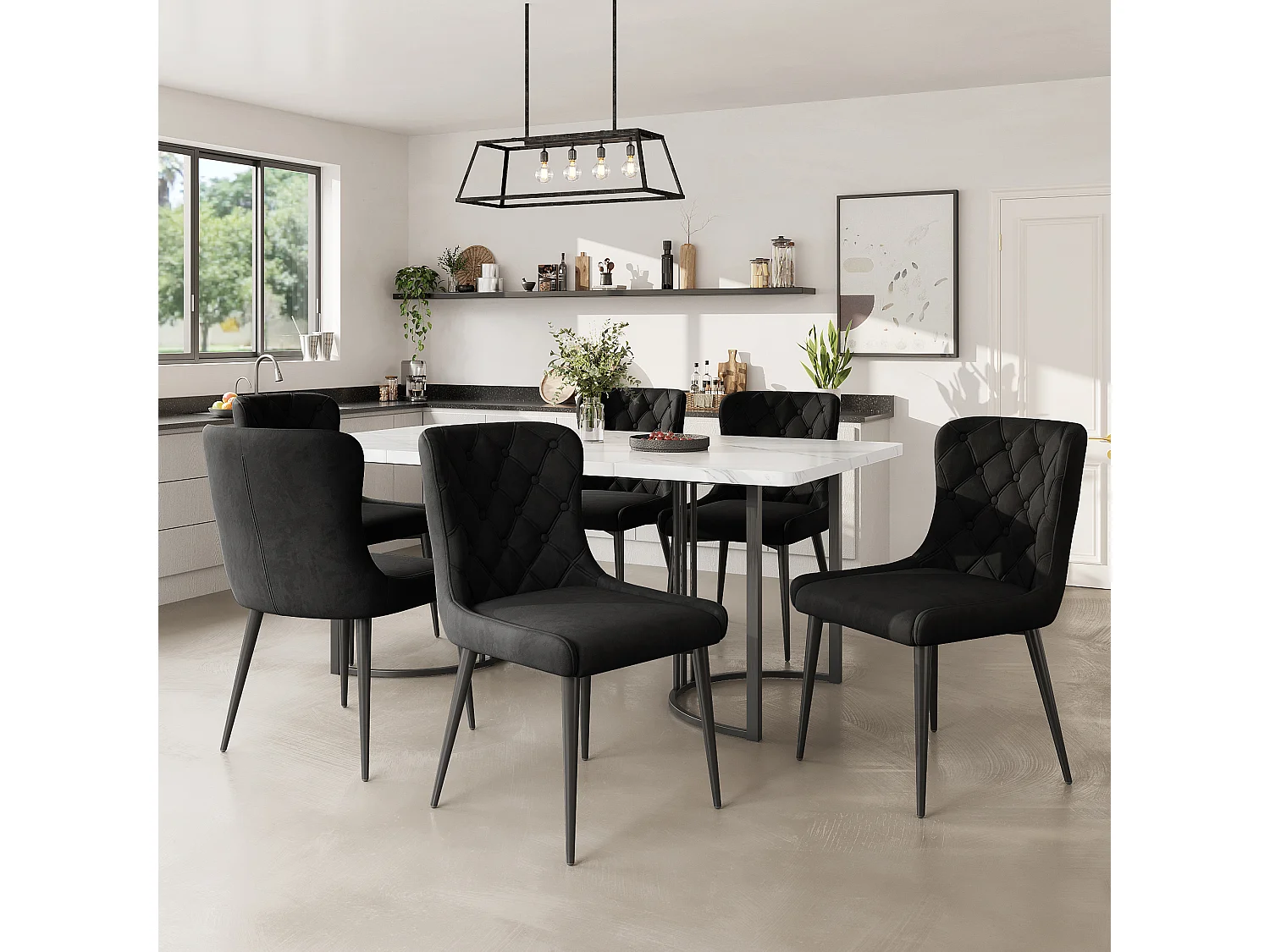 Chaise Salle à Manger, 6 Pièces, Velours, Pieds En Fer Noir, Noir