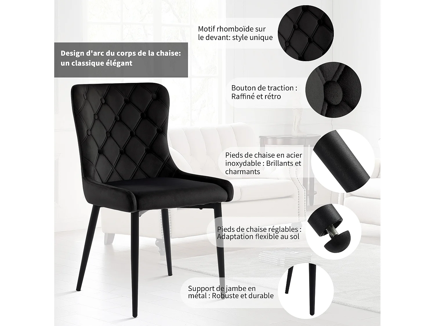 Chaise Salle à Manger, 6 Pièces, Velours, Pieds En Fer Noir, Noir