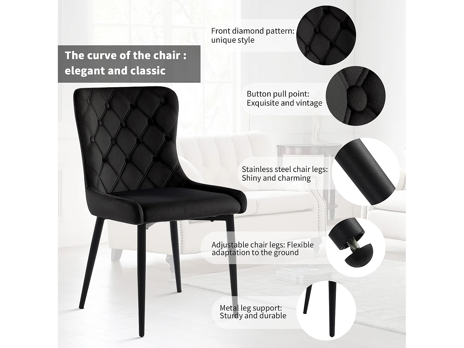 Chaise Salle à Manger, 6 Pièces, Velours, Pieds En Fer Noir, Noir