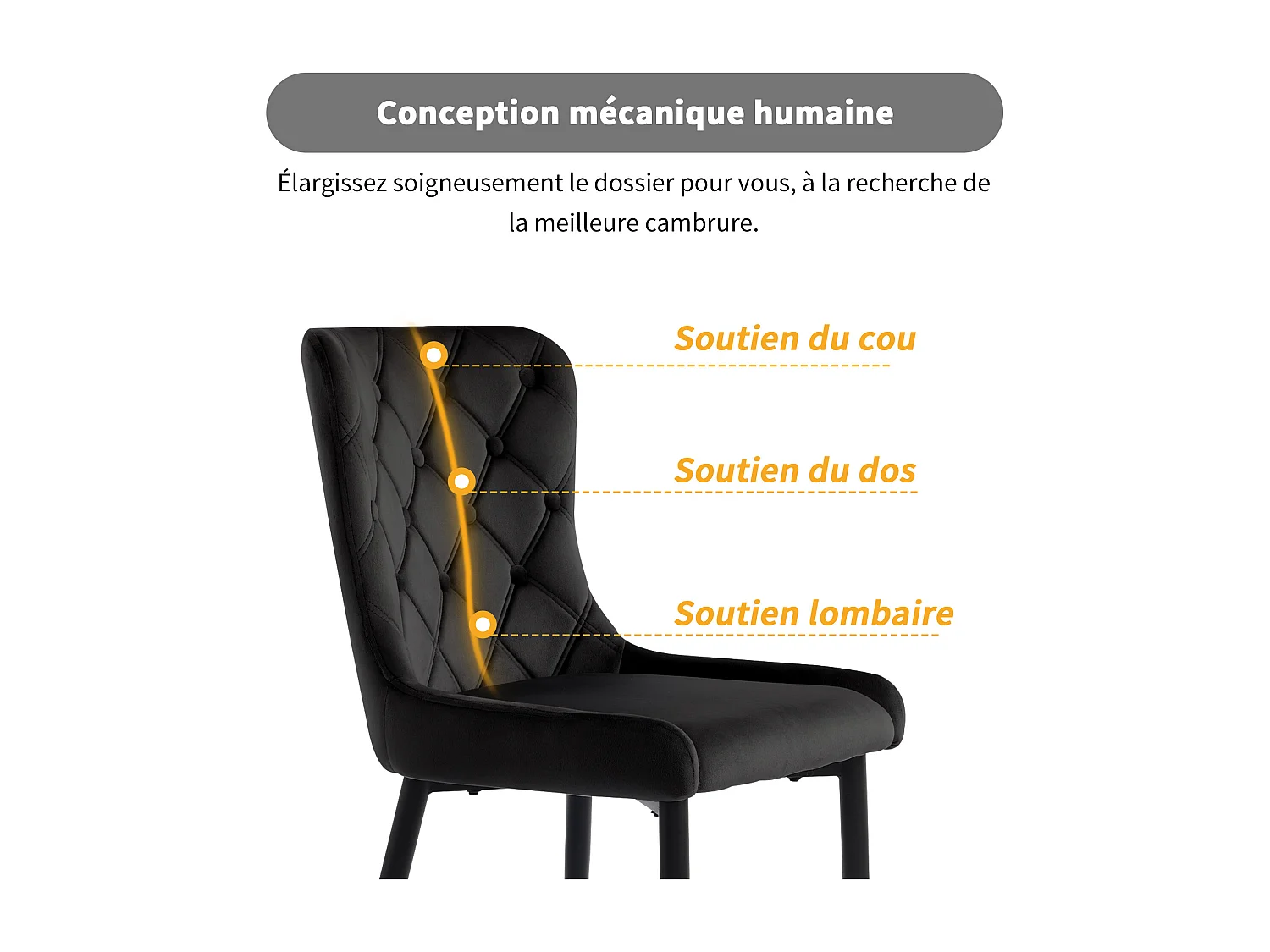 Chaise Salle à Manger, 6 Pièces, Velours, Pieds En Fer Noir, Noir