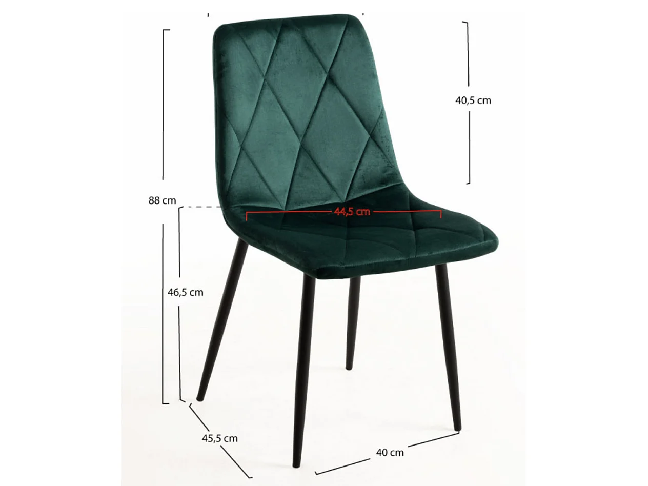 Juego de 2 sillas ARIEL – Terciopelo acolchado con rombos y patas de acero negro-Color Verde