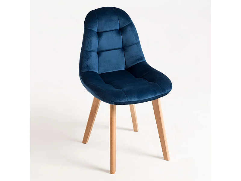Chaise velours bleu azur et pieds hêtre massif clair Wany - Lot de 2