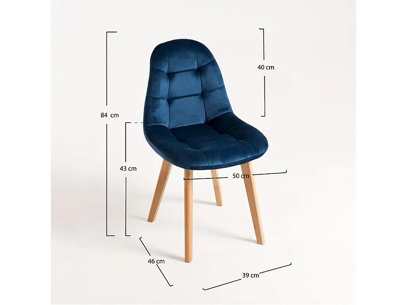 Chaise velours bleu azur et pieds hêtre massif clair Wany - Lot de 2