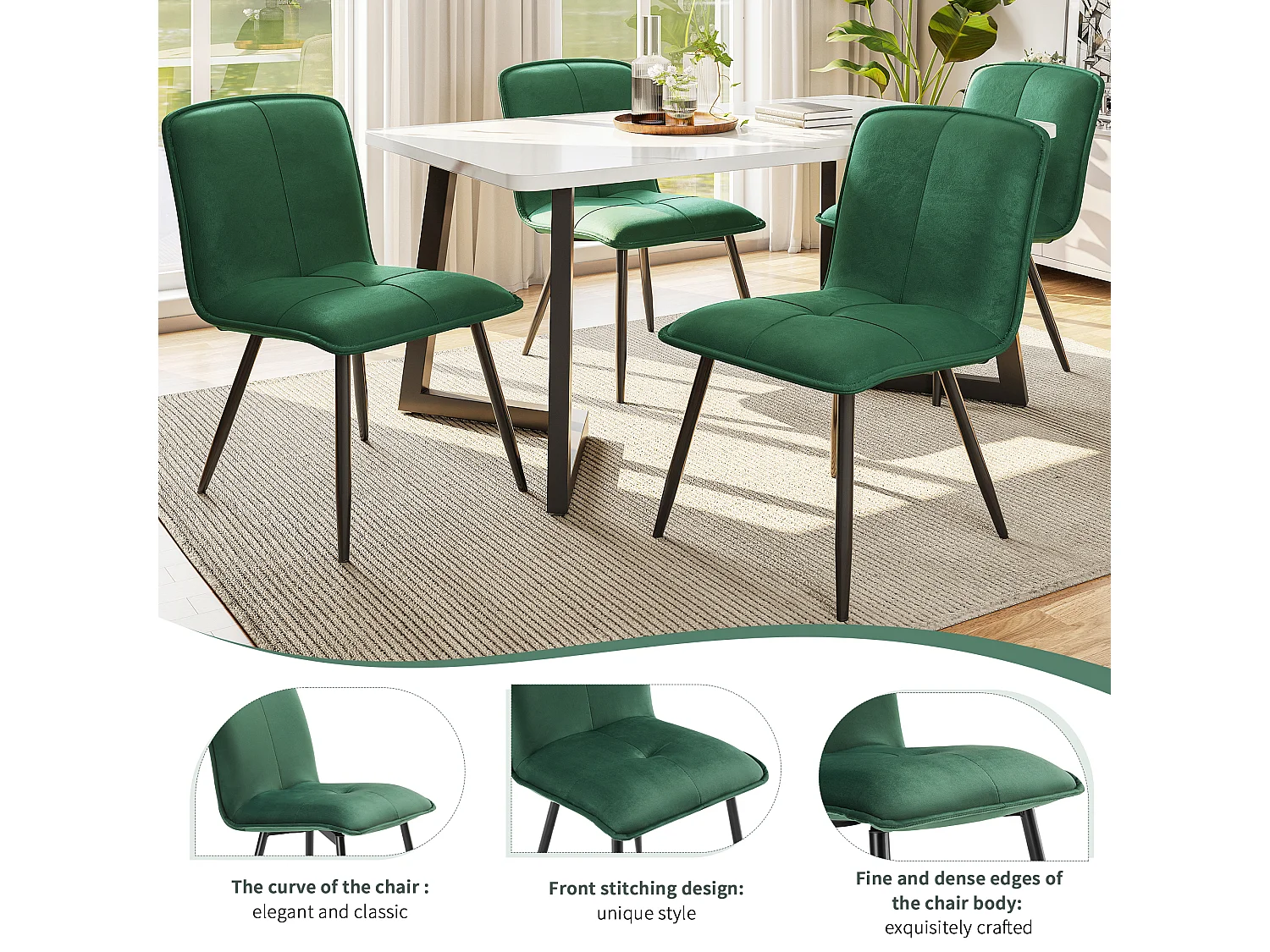 Cadeira de jantar com braços, 4 peças, veludo, metal, ergonômica, verde escuro