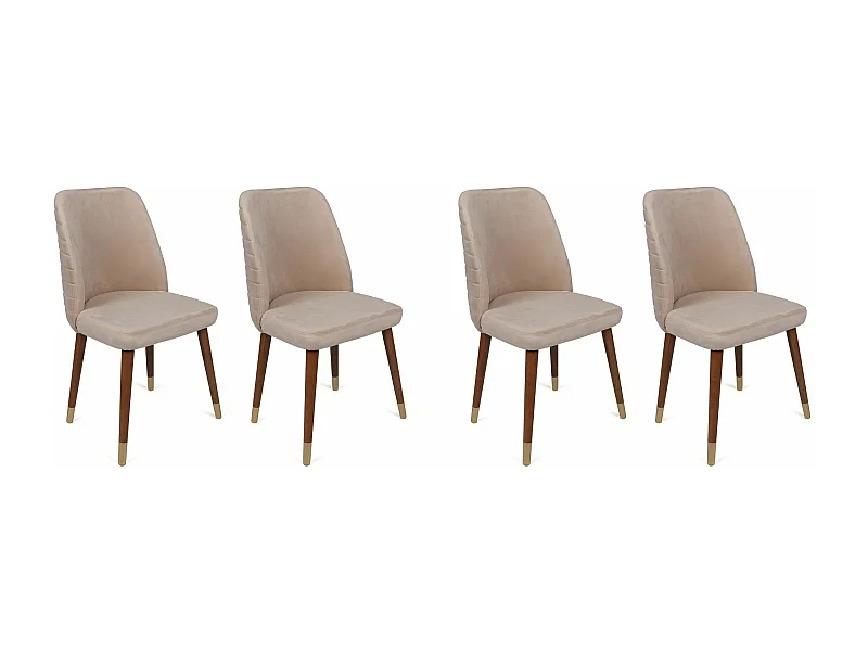 Lot de 4 chaises Vatri Velours Blanc crème et Bois foncé et Or