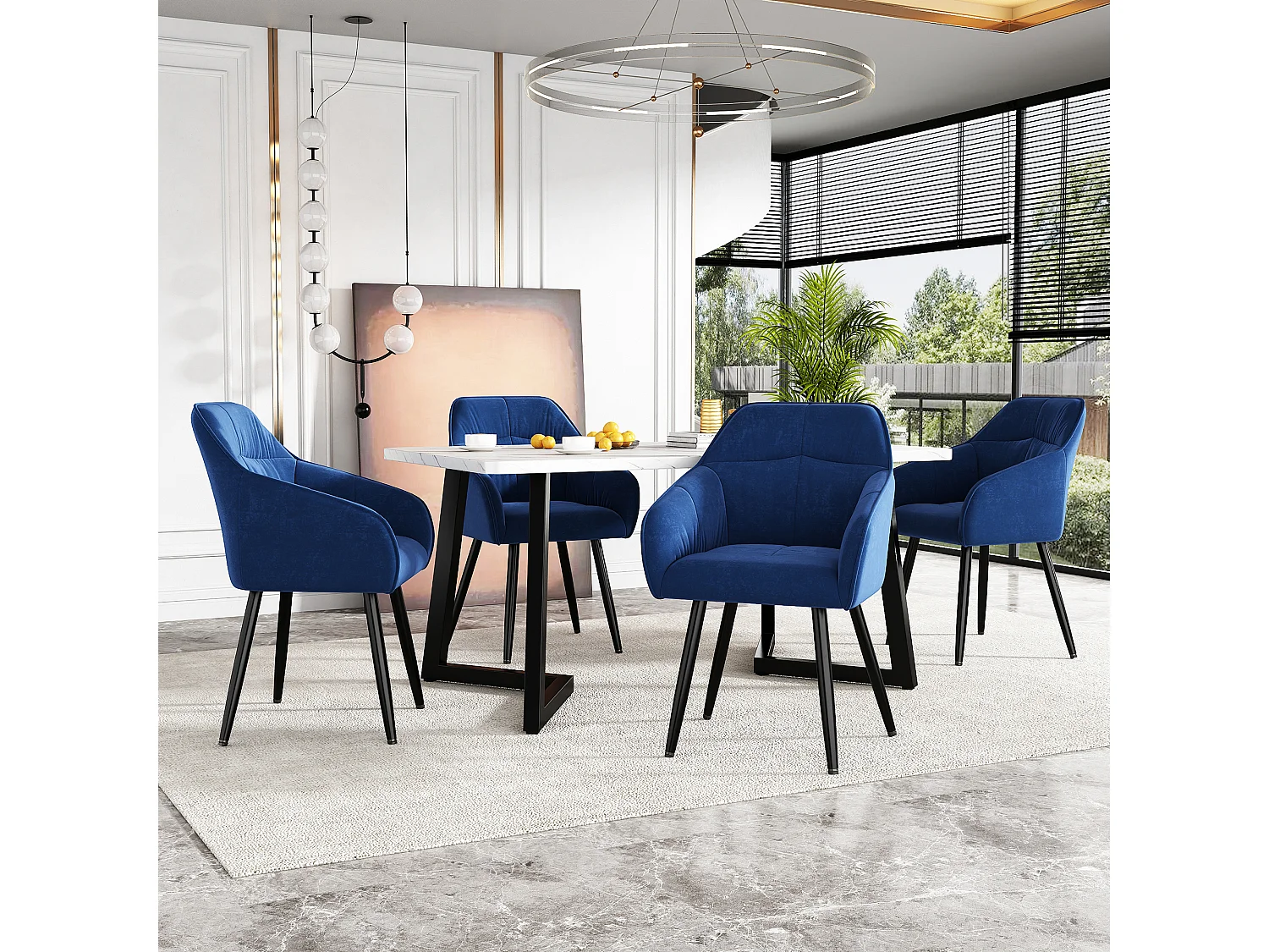 (set di 4) Sedie in velluto blu con gambe e braccioli regolabili in metallo, per sala da pranzo