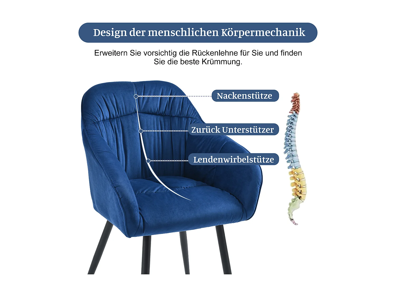 (set di 4) Sedie in velluto blu con gambe e braccioli regolabili in metallo, per sala da pranzo