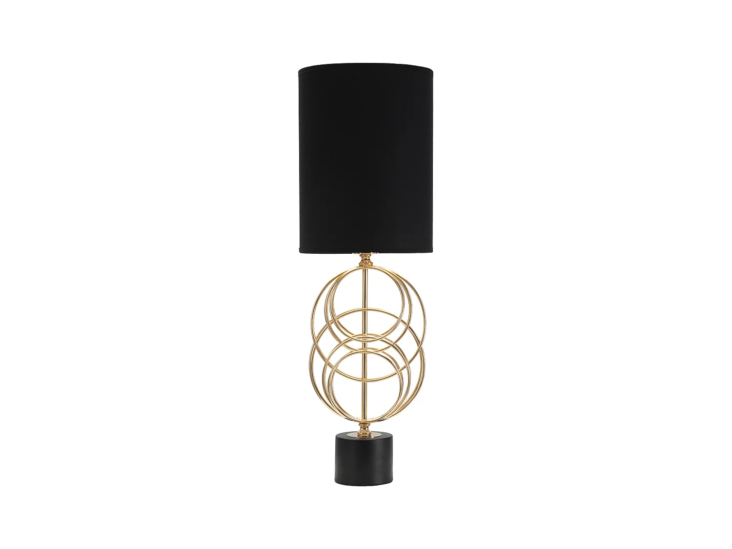 Lampe de Table - Abat-Jour en Tissu Noir et Détails Concentriques Dorés - Dimensions Ø 22,5 cm x Hauteur 65 cm - Matériaux Fer, PVC et Tissu