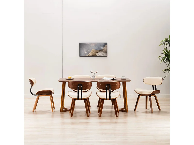 Eetkamerstoelen 6 st gebogen hout en kunstleer crème